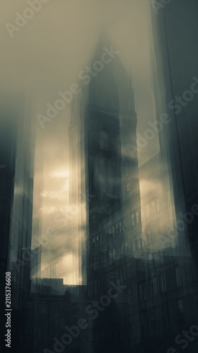 Ethereal Cityscape - A Misty Tower Amidst Urban Haze.
