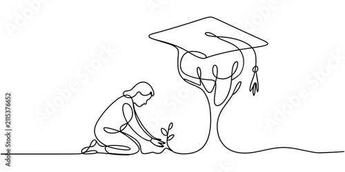 Continuous one line drawing of a teacher planting a seed that grows into a graduation cap-shaped tree, education growth concept