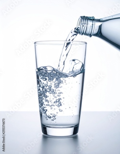 Clear liquid pouring from a bottle into a glass, creating bubbles