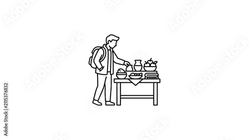Man with backpack browsing handmade pottery and fruit at a market stall, line art illustration