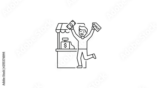 Happy Shopper Celebrating Sale with Cash and Discount Tags at Market Stall - Vector Icon