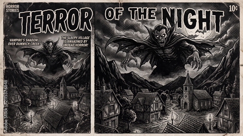 vintage comic book style horror cover illustration of a vampire looming over a sleepy village in monochrome black and white