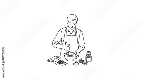 Man grinding spices in mortar and pestle, preparing ingredients for cooking or herbal remedies, vector illustration