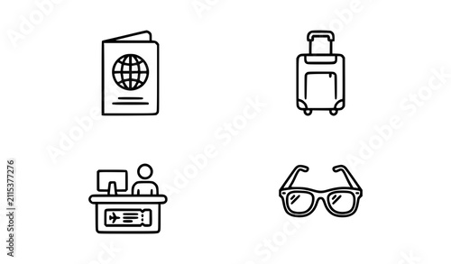 Canvastavla Set of travel icons showing passport rolling suitcase airport check-in desk eyeg