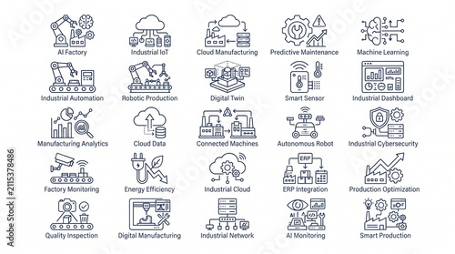 A comprehensive collection of outline icons representing industry 4