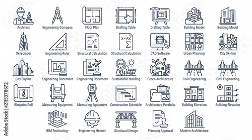 Comprehensive set of vector icons representing architecture, engineering, construction, and urban planning concepts with clean outlines