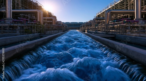 Water Flowing Through Distribution Basin Near Cooling Towers at Sunset in Industrial Setting