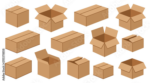 Cardboard Boxes Collection: A variety of cardboard boxes, both open and closed, are displayed in different sizes and orientations, perfect for shipping, moving, or storage needs.
