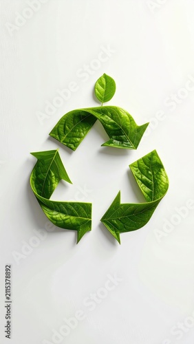 Green leaves form a recycling symbol on a white background