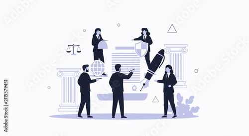 Diverse Team Negotiating Contract and Global Law Concepts, Vector Illustration