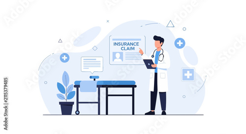 Doctor Holding Insurance Claim Form in Modern Medical Clinic with Examination Table