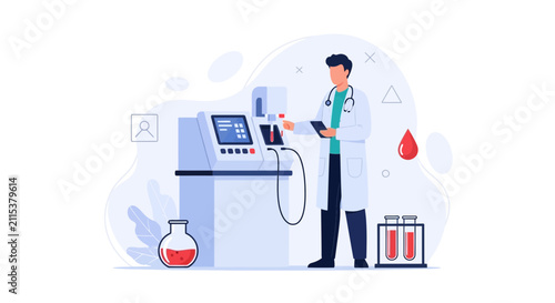 Doctor operating medical laboratory equipment for blood analysis, illustrating scientific research and healthcare innovation.