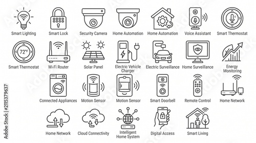 Modern Smart Home Automation and IoT Technology Line Icons Focused on Digital Construction Systems Connectivity and Intelligent Household Device Solutions