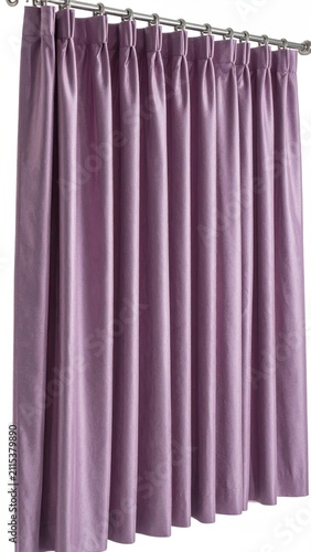 Pleated lavender window curtains hang from a metal rod