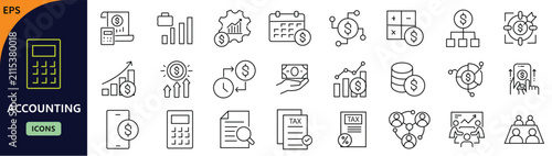 Accounting icon set. Containing calculator, invoice, ledger, tax, budget, finance, receipt, and more. Editable stroke. Vector illustration