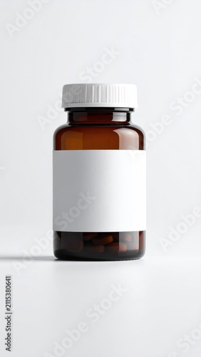 Amber medication bottle with white cap on white surface, pills visible