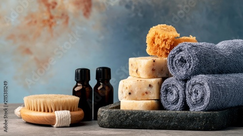 Relaxing Self Care Arrangement with Towels, Soaps, Brushes and Essential Oils on Countertop