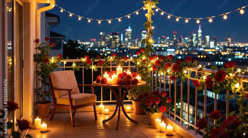 Obraz premium Romantic apartment balcony decorated with candles, red roses overlooking city skyline at night. Cozy outdoor furniture sits near glowing string lights. Intimate terrace setting creates peaceful