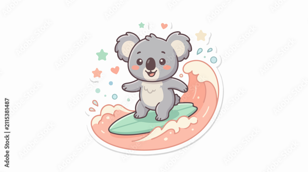 Fototapeta premium Cute Koala Surfing On A Colorful Wave Illustration