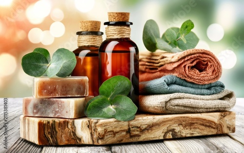 Organic Spa Products with Natural Ingredients on a Decorative Wooden Board