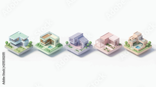 Modern architectural designs showcasing innovative building styles with colorful 3D visualizations for urban development concepts