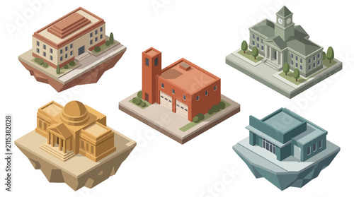 Diverse Floating Architectural Structures Exploring Different Building Styles and Designs in a Modern Conceptual Collection