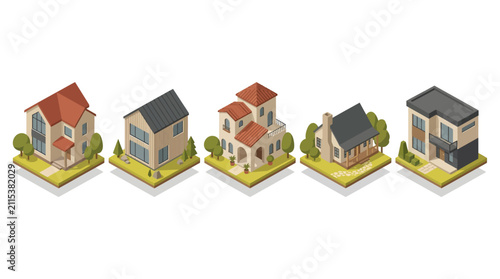 Collection of diverse modern and classic residential houses in an isometric style across a landscaped setting