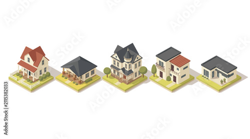 Array of modern and traditional residential houses showcasing diverse architectural styles and landscaping features