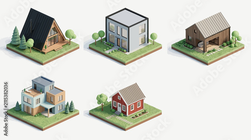 Collection of Modern, Traditional, and Unique Architectural House Models in an Isometric Design Layout for Real Estate or Design