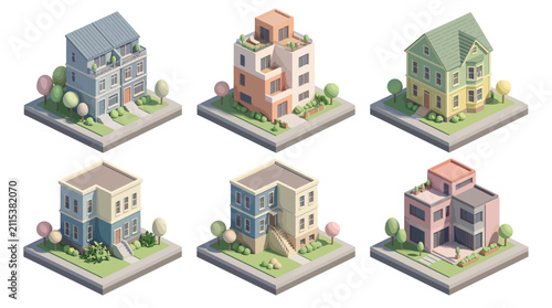 Collection of modern colorful architectural models showcasing diverse house designs and urban development layouts for
