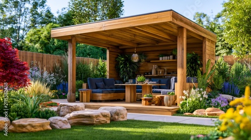 Contemporary Garden Pavilion for Outdoor Dining with Cozy Seating and Lush Greenery