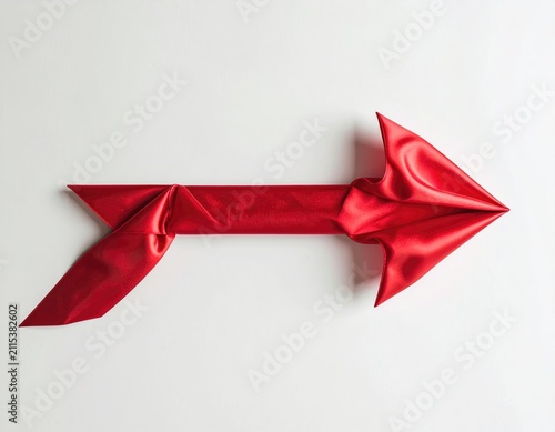 A red satin ribbon folded into an arrow pointing right, on a white background