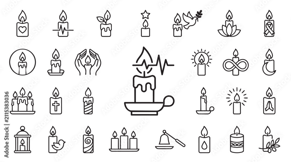 Fototapeta premium Set of various candle icons in hand-drawn doodle style with collection relaxation religion ceremony