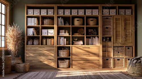Modern Wall Storage Units Featuring Customizable Modular Design with Natural Wood Finish