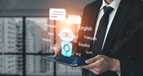 Fotografía Global communication with multiple languages, digital translation tools, multilingual technology, cross-cultural communication, and virtual language learning environments