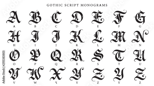 Gothic script monogram alphabet letters collection with alphabet calligraphy typography monogram lettering
