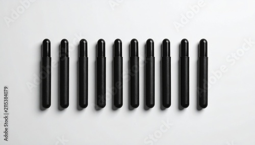 Nine identical black cylindrical objects lined up in a row