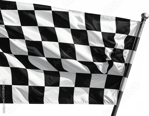 A black and white checkered flag flutters majestically against a bright white background