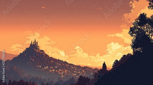Pixelated Sunset Landscape with Castle Silhouette and Cloudscape.