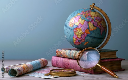 Detailed Geography Workspace Featuring Globe, Maps, Compass and Magnifying Glass for Learning