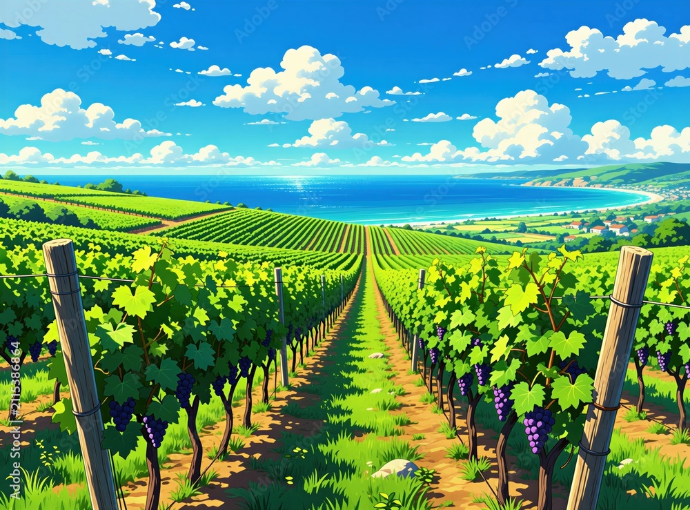 Obraz premium Rich vineyard rows grow on rolling hill by blue ocean coast. Green grape plants ripen under bright sunny summer sky with white clouds. Scenic nature landscape view features peaceful coastal wine farm