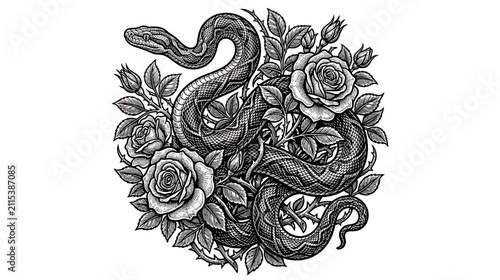 Foto Serpent coiled with roses, vintage engraving style illustration