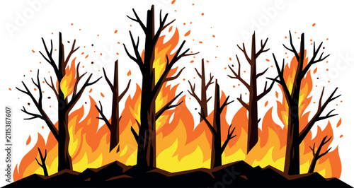 Принти на полотні Wildfire in Forest Scene Vector Illustration with Burning Bare Trees Flames Spar