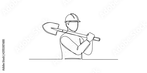 Continuous one line drawing of a male construction worker holding a shovel on his shoulder