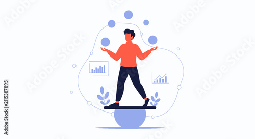 Man juggling business concepts and balancing on a sphere, representing multitasking and financial growth