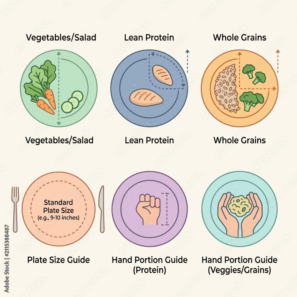 Fototapeta premium Healthy Eating Plate Guide: Portion Control with Vegetables, Protein, Grains & Hand Portions