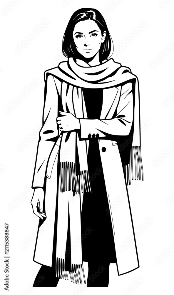 Obraz premium Elegant black and white vector illustration of a fashionable woman wearing a stylish trench coat and a cozy wrapped scarf, standing poised and isolated on a white background for design work.
