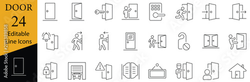 Door and entrance line icon set featuring open doors, exit signs, entrance, access control, security, emergency exit, locked doors, door handles, home entry & office access. Editable Strok 