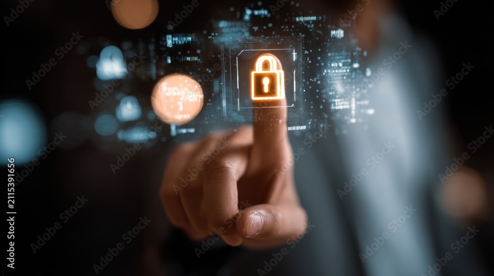 Fototapeta premium Person interacting with digital lock symbol representing security and data protection