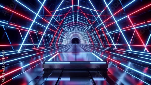 Futuristic neon light tunnel with reflective floor
